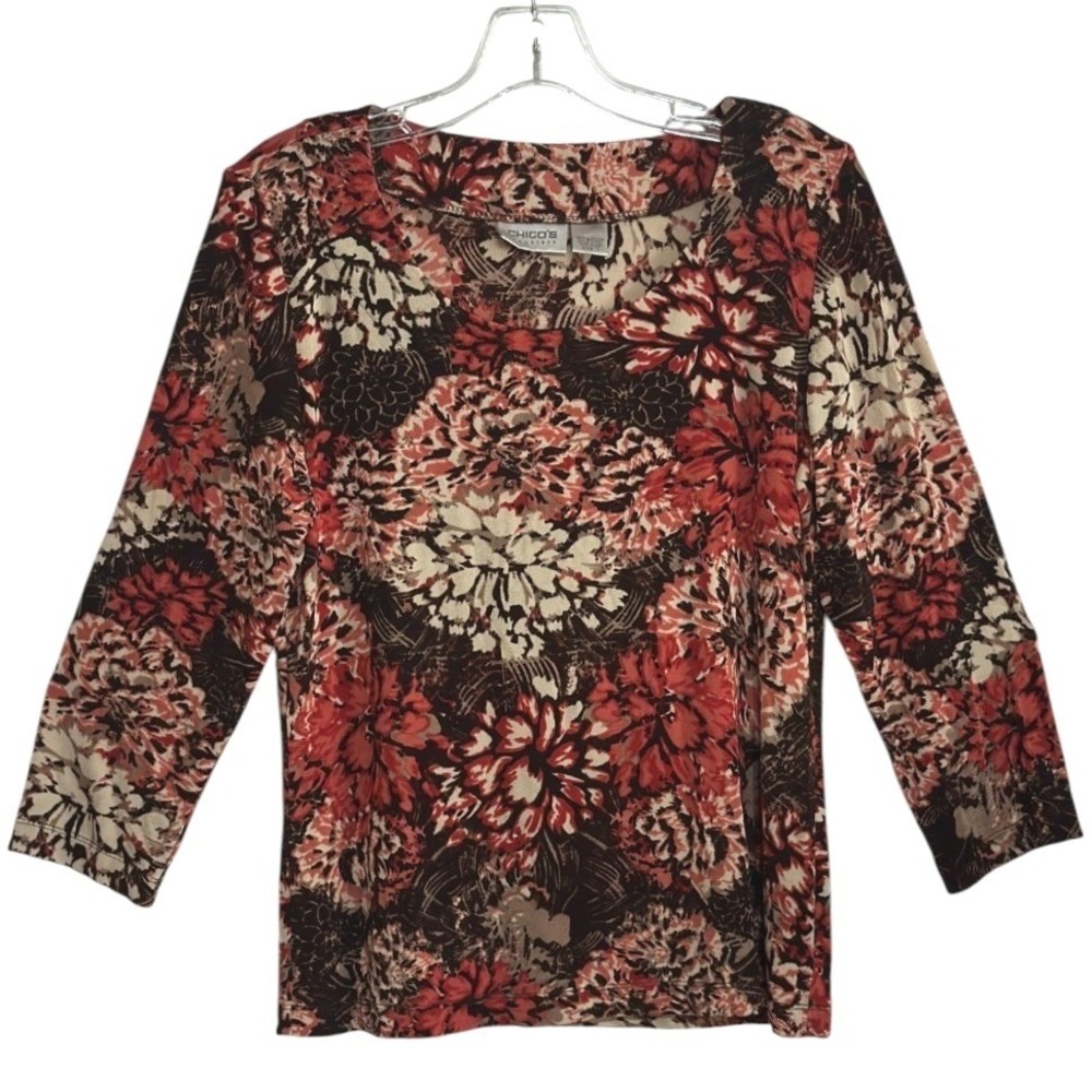 Chico's Traveler Top Women Red Brown Floral 3/4 Sleeve Slinky Knit Fall Earthy 1